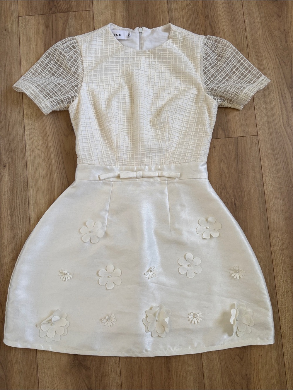 Ivory Short Dress with Textured Bodice and Floral Appliqués